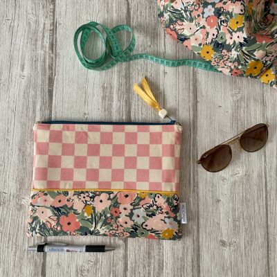 Pochette Damier et Fleurs / rose jaune vert