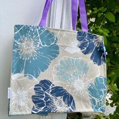 Sac cabas enduit, motif grosses fleurs / beige lin, ciel