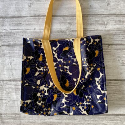 Petit cabas+Trousse / Enduit Grosses fleurs, marine jaune noir – Image 5