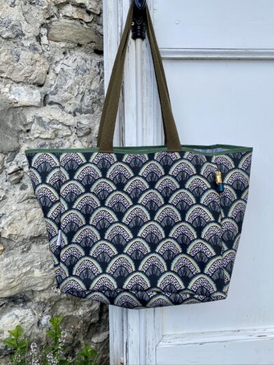 Sac cabas enduit, motif écailles / kaki, doré