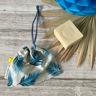 Sac à savon solide/ enduit palmes tropical / ecru bleu