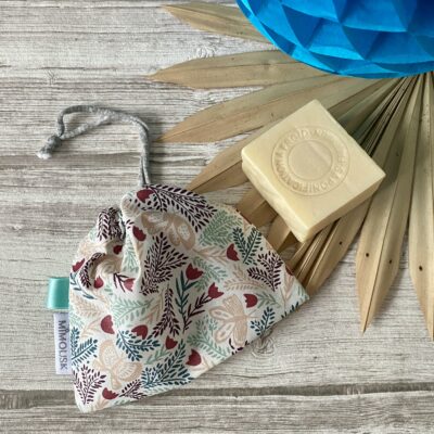 Sac à savon solide/ enduit papillons fleurs feuilles / céladon bordeaux