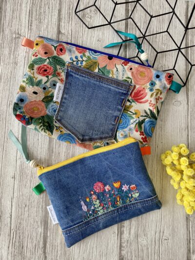 Trousse brodée / Fleurs Rifle / jean bleu, rose jaune vert orange – Image 4