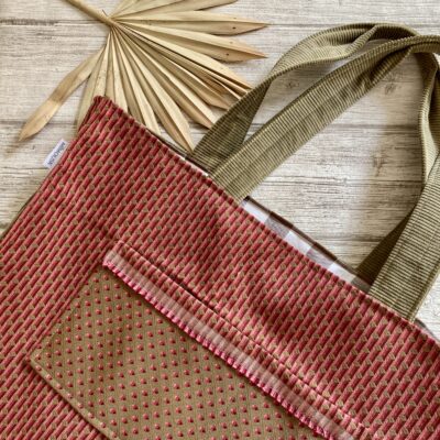 Sac cabas XXL, velours et jacquard / Beige bordeaux rose