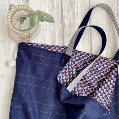 Sac cabas XXL, marine et argenté, doublé coton motif Jana.