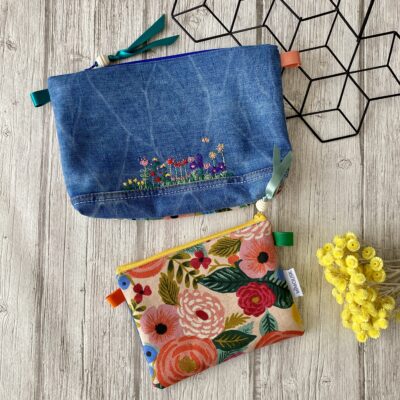Trousse brodée / Fleurs Rifle / jean bleu, rose jaune vert orange – Image 5