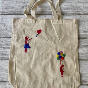 Sac totebag brodé / Motif pochoir Banksy fille au ballon