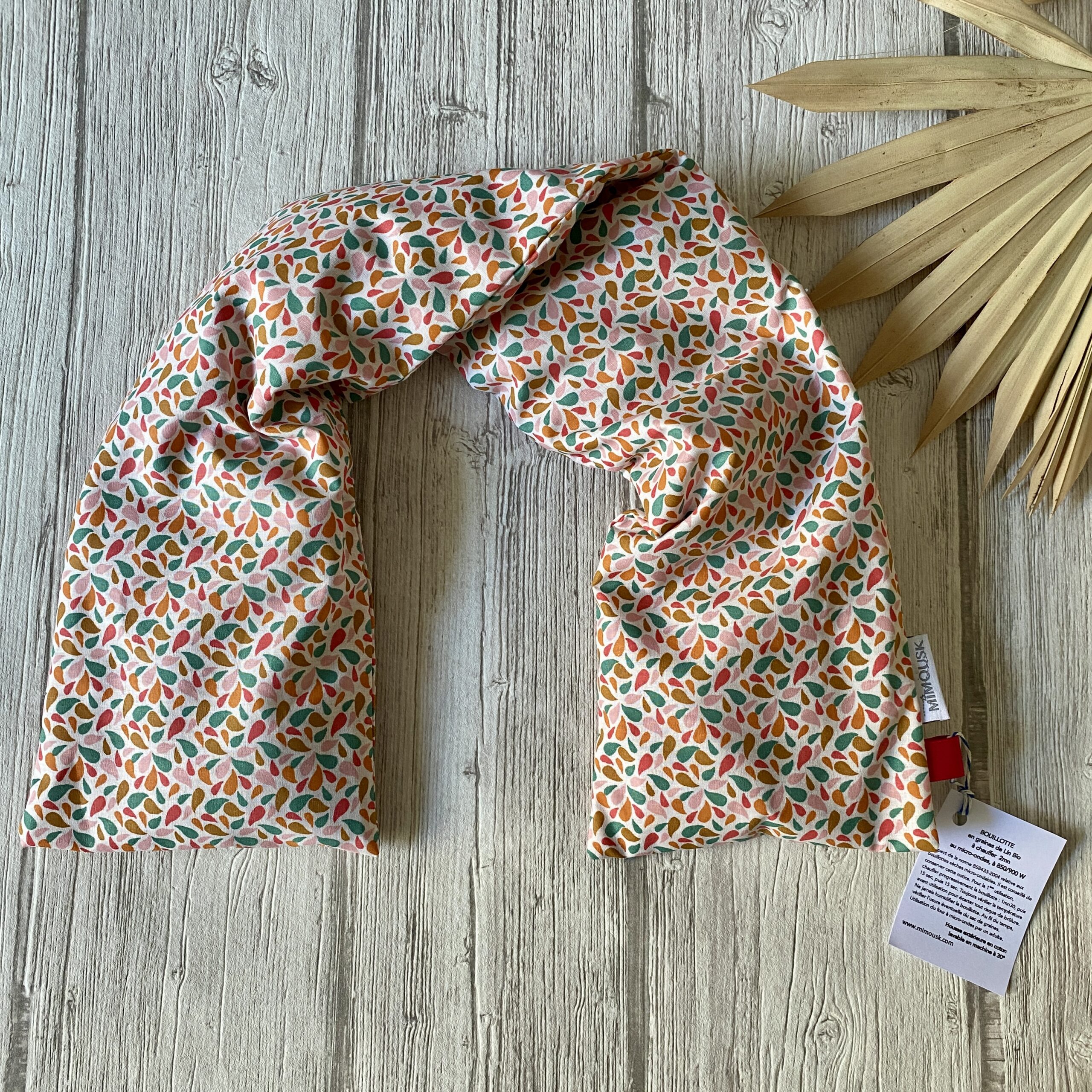 Bouillotte longue XL pour cervicales en graines de lin bio/ Otma gouttes, rose vert ocre