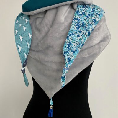 Foulard triangle polaire roudoudou/ Liberty, grues, vichy / bleu vert – Image 4