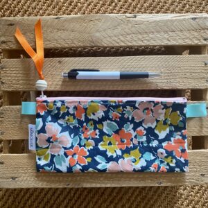 Trousse longue enduite, Fleurs rétro marine/orange