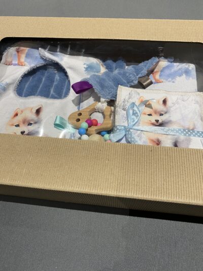 Box naissance Loup 4 produits: couverture, bavoir, lingettes, doudou anneau de dentition – Image 2