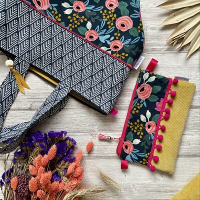 Sac jacquard chevron, fleurs rifle, marine rose jaune – Image 6