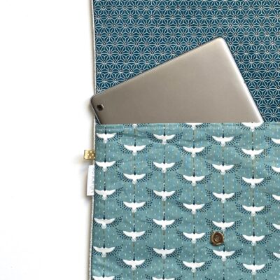 Housse pour tablette, enduit oiseaux bleu & blanc, doublure origami bleu – Image 5