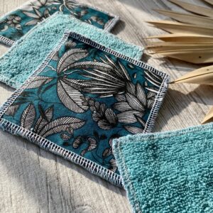 Lingettes lavables démaquillantes éponge bio tropical fleuri bleu petrole