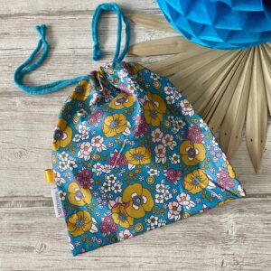 sac à maillot mouillé enduit fleurs vintage bleu moutarde