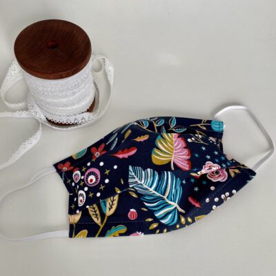 Masque 3 plis adulte, Marine, motif fleuri vert jaune rouge rose