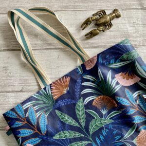 Sac cabas de plage enduit / Tropical, indigo rose cuivre