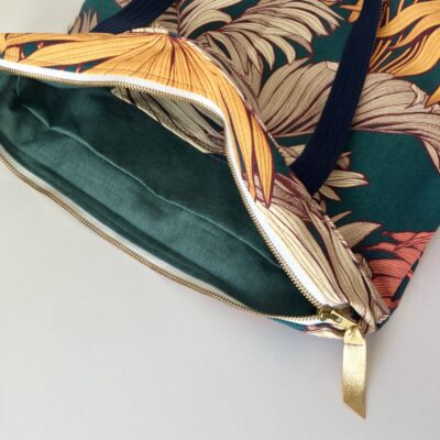 Grand sac à main velours et imprimé feuillage vert/ocre/brique – Image 3