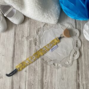 attache tetine tissu liberty jaune clip bois oiseau