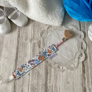 attache sucette tissu fleuri clip bois oiseau