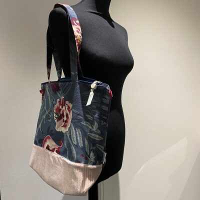 Sac motif fleuri retro bleu vert, velours rose – Image 2