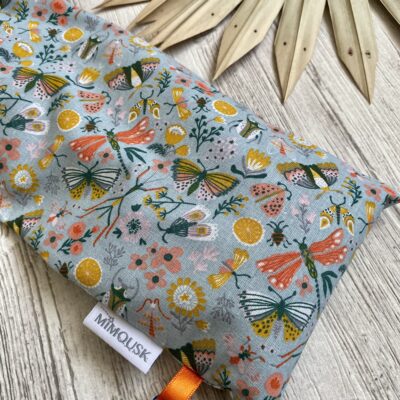 Bouillotte longue XL pour cervicales en graines de lin bio/ Papillons insectes, tilleul