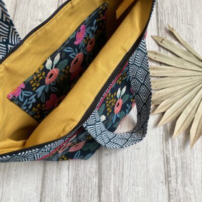 Sac jacquard chevron, fleurs rifle, marine rose jaune – Image 4