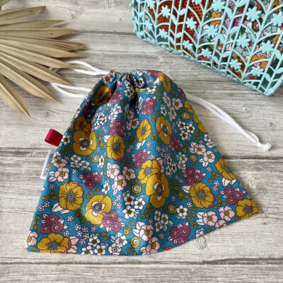 Sac à maillot mouillé/ enduit motif fleuri retro / turquoise moutarde
