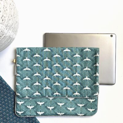Housse pour tablette, enduit oiseaux bleu & blanc, doublure origami bleu – Image 2