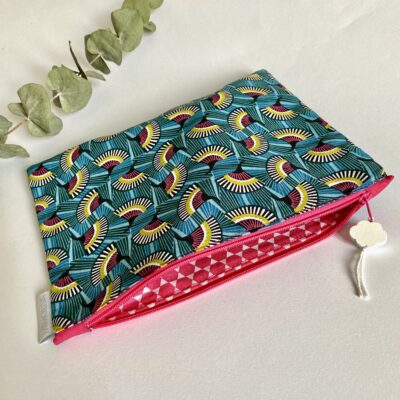 Pochette légère imprimé éventails effet wax, émeraude/rose