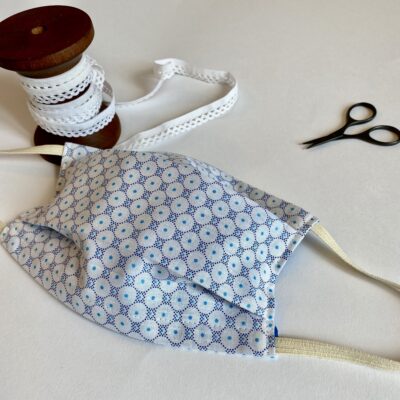 Masque 3 plis adulte, motif ronds, bleu et blanc