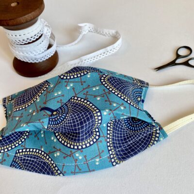 Masque 3 plis adulte, motif éventails, bleu
