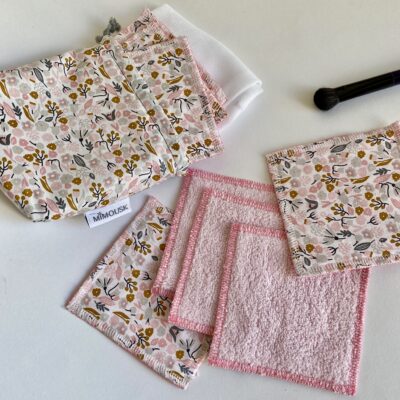 Lingettes lavables / imprimé floral rose, gris, ocre