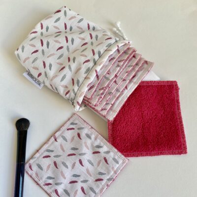Lingettes lavables éponge Bio / plumes blanc rose