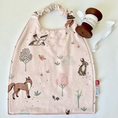 Serviette élastiquée coton et éponge bio / motif camping et oiseaux, coloris rose