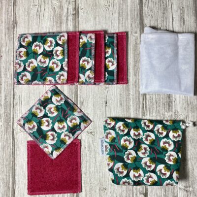 Lingettes lavables éponge Bio / fleurs dimeo émeraude fuschia