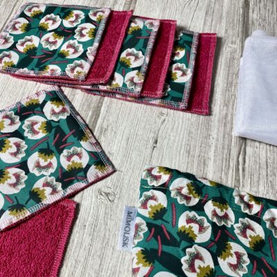 Lingettes lavables éponge Bio / fleurs dimeo émeraude fuschia – Image 3