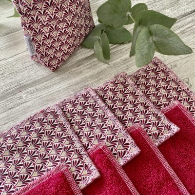 Lingettes lavables éponge Bio / imprimé éventails art déco, bordeaux rose – Image 2