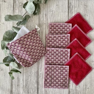 Lingettes lavables éponge Bio / imprimé éventails art déco, bordeaux rose