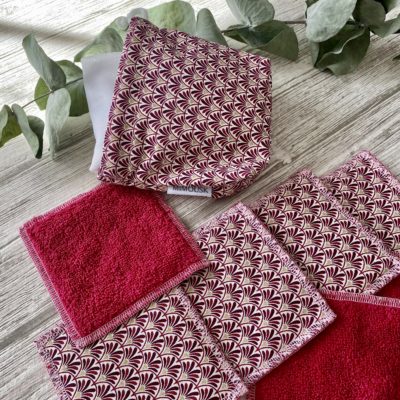 Lingettes lavables éponge Bio / imprimé éventails art déco, bordeaux rose – Image 3