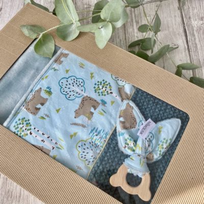 Box naissance couverture & anneau de dentition/ Ours brun ciel-vert