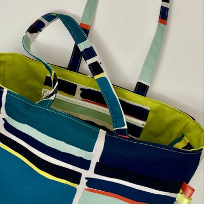 Sac cabas toile colorblock / Bleu, anis, corail – Image 2