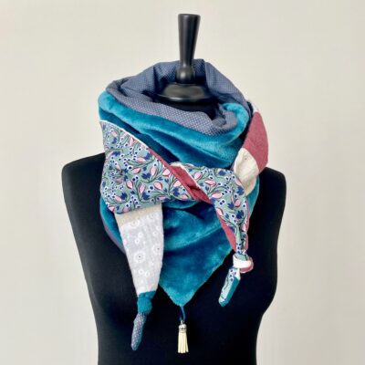 Foulard triangle polaire roudoudou/ Bleu canard, vert, brique, écru