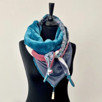 Foulard triangle polaire roudoudou/ Bleu canard, vert, brique, écru – Image 3
