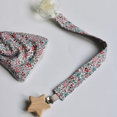 Doudou gros noeud fleurs & minky gris, anneau dentition bois – Image 3