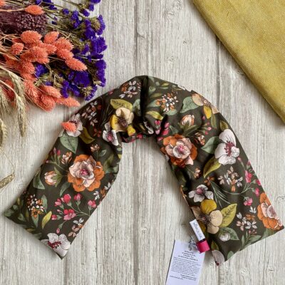 Bouillotte longue XL pour cervicales en graines de lin bio/ Grosses fleurs vintage chocolat