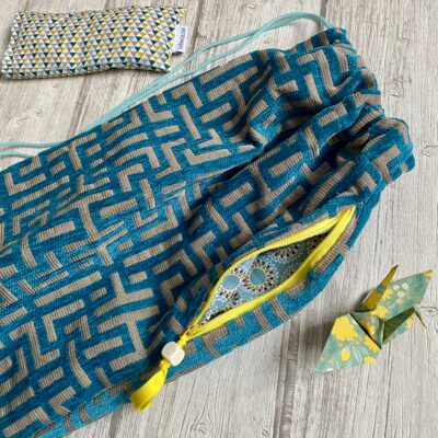 Sac de tapis de yoga ou pilates / jacquard bleu gris jaune – Image 2