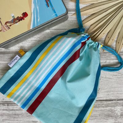 Sac à maillot mouillé/ enduit rayé, bleu jaune blanc bordeaux