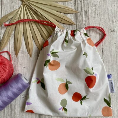 Sac à maillot mouillé/ enduit motif pêches marisol / blanc vert orange parme