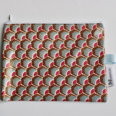 Pochette enduite non doublée, motif paon ruban ciel